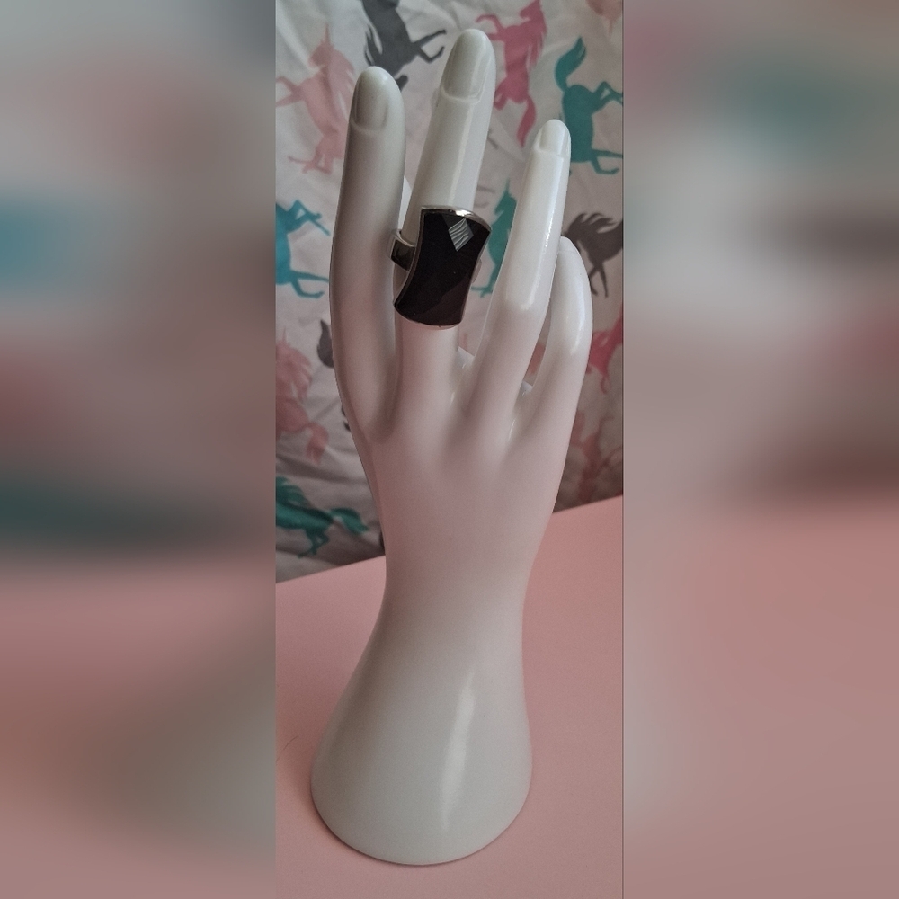 EUC XL Black Multi-Facet Black Onyx Crystal Gem & Stainless Ring Jewelry SZ 6